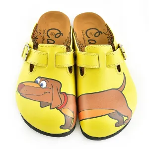 Yellow Colored and Brown Dachshund Dog Patterned Clogs - WCAL346