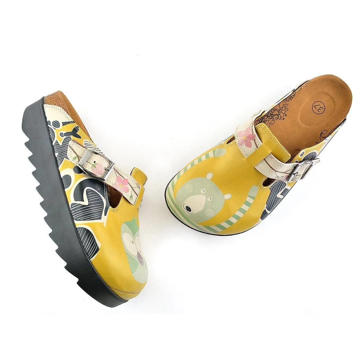 Yellow Colored, Green Owl and Crazy Bear and Colored Flowers Patterned Clogs - CAL705