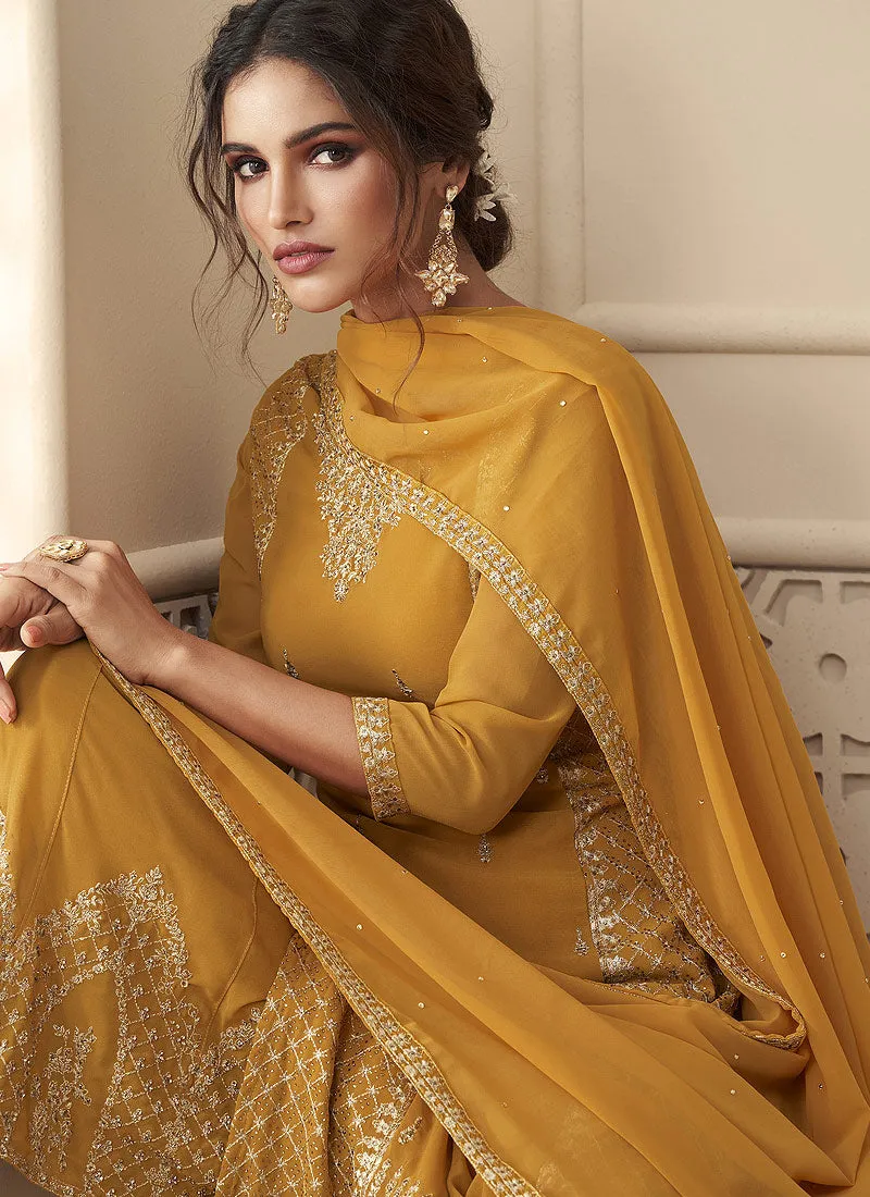 Yellow Rehsamkari Embroidered Designer Palazzo Suit